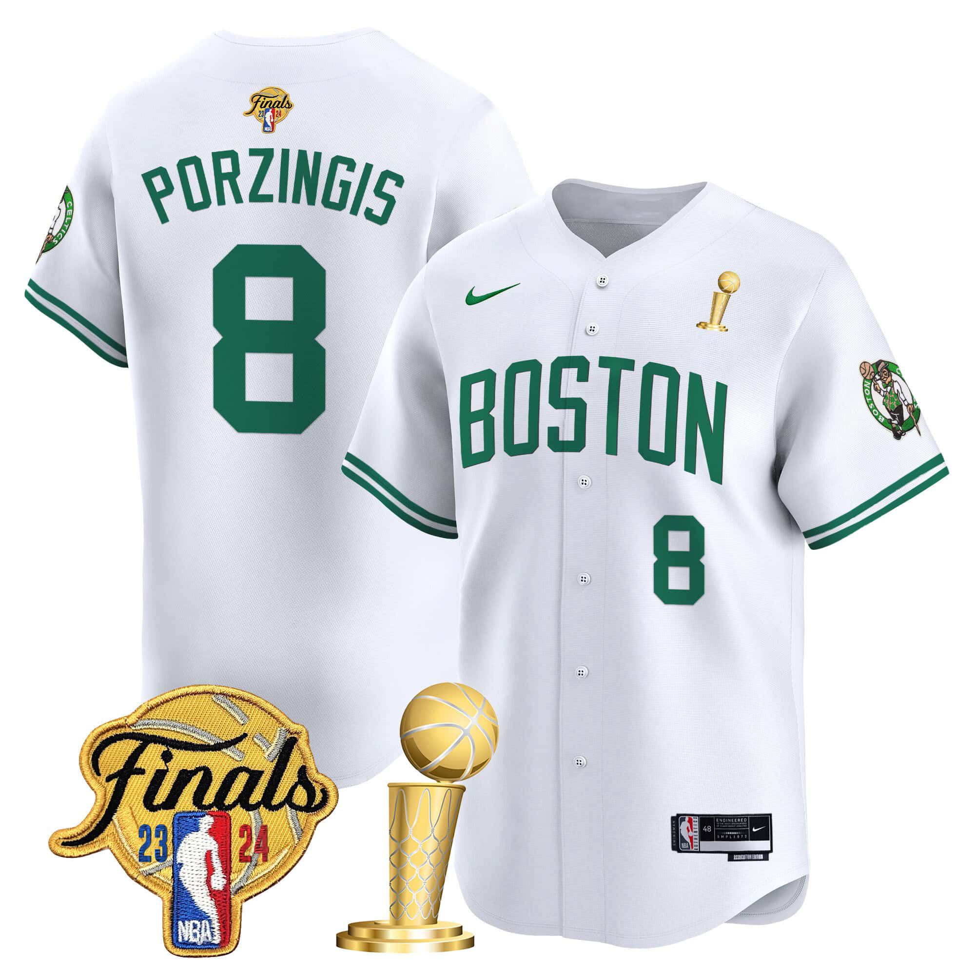 Men Boston Celtics #8 Porzingis White 2024 Nike Final & Champions Patch Baseball NBA Jersey